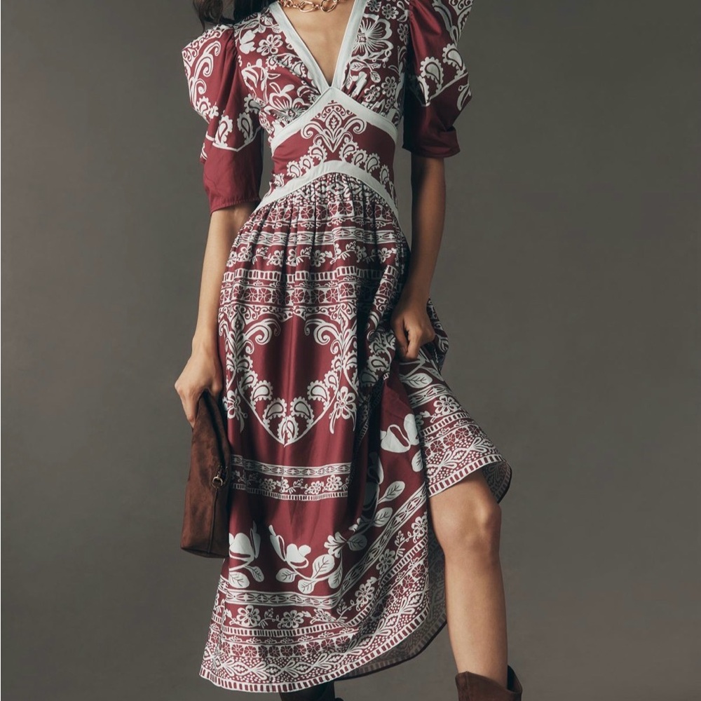 Farm Rio x Anthropologie Printed V-Neck Puff Sleeve Maxi Dress